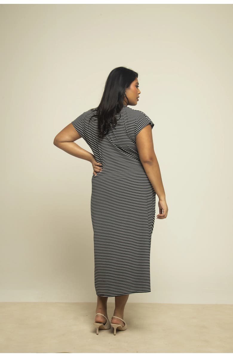 FASHION-SZN CURVE Cinched Striped Print Midi Dress, Alternate, color, Black