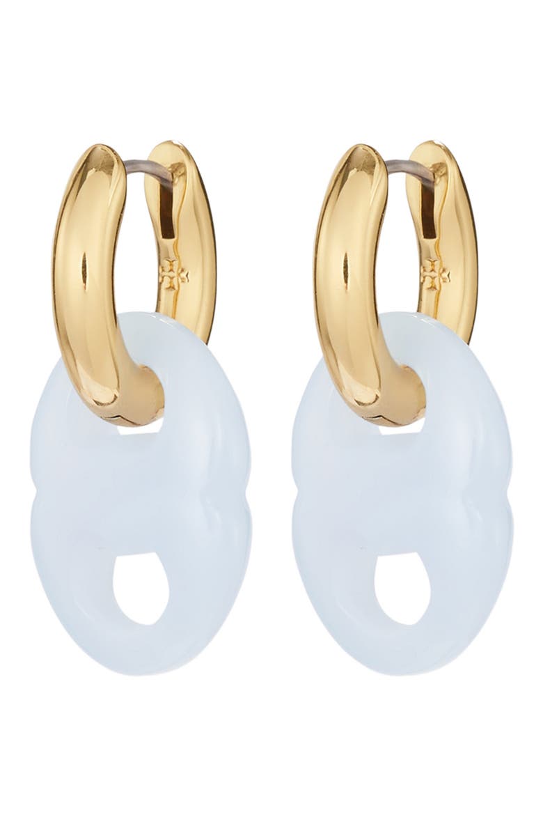 Gemini Two-Tone Link Huggie Hoop Drop Earrings, Main, color, LIGHT BRASS / LIGHT BLUE