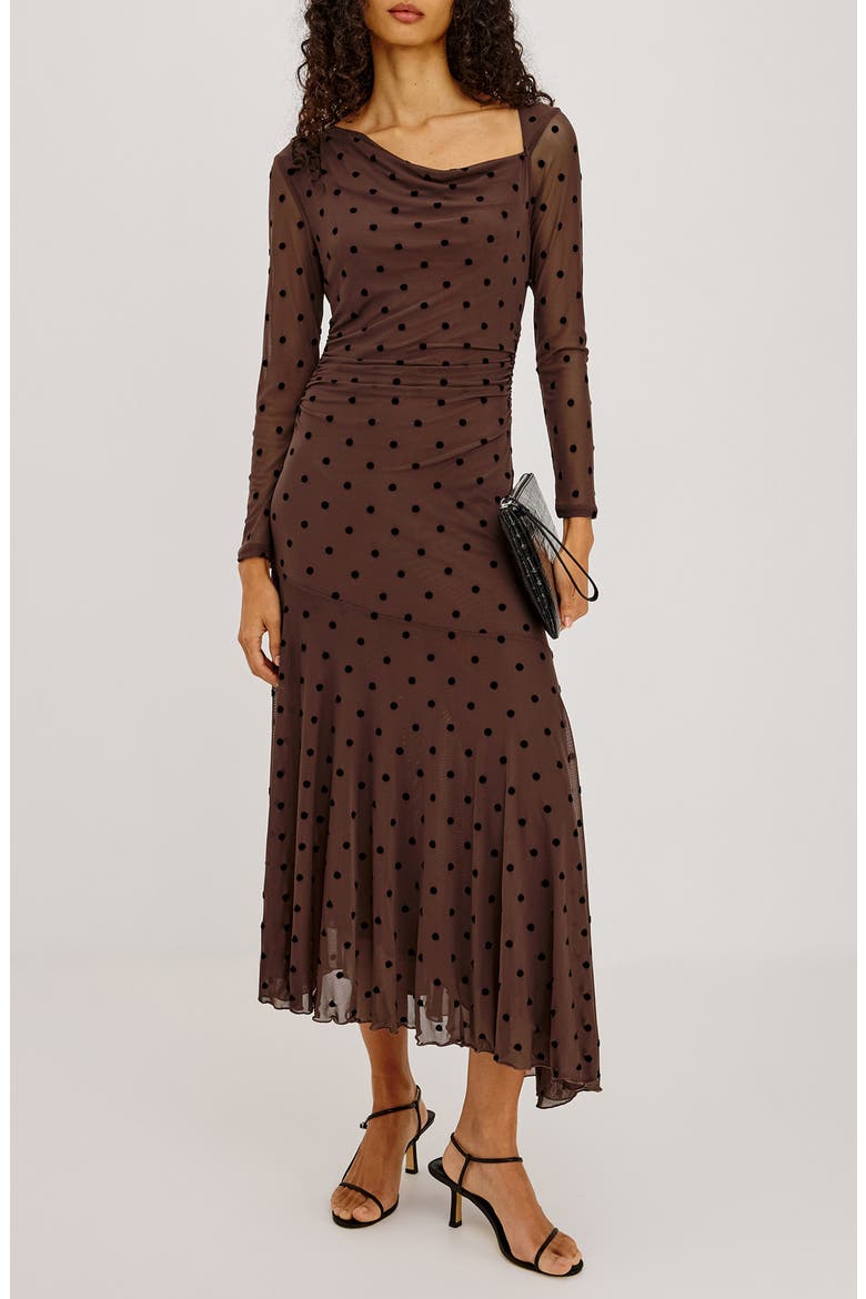 Cambria Polka Dot Mesh Midi Dress, Main, color, CHOCOLATE POLKA DOT