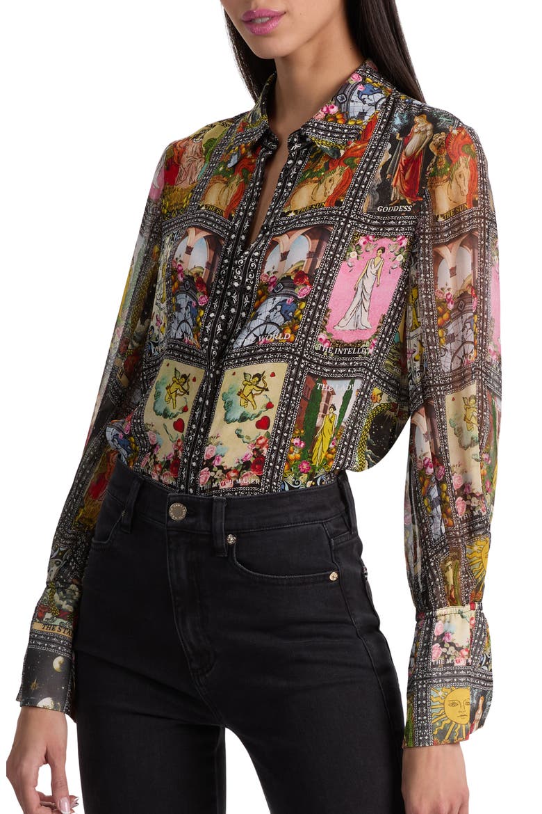 Tarot Card Print Silk Button-Up Shirt, Alternate, color, ENCHANTED TAROT