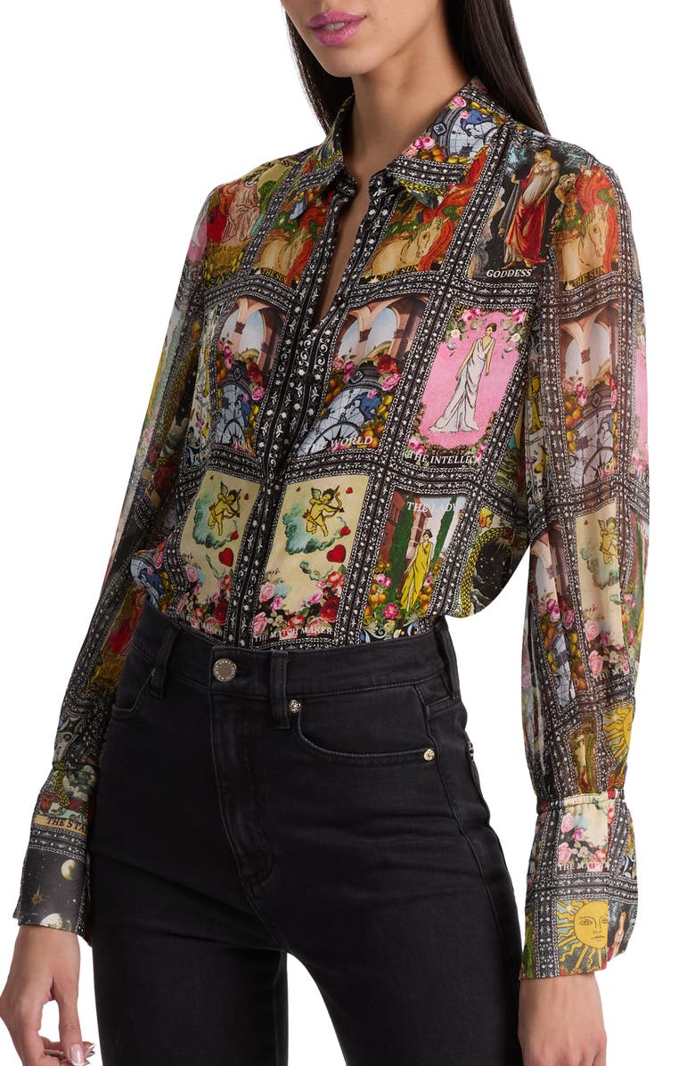Alice + Olivia Tarot Card Print Silk Button-Up Shirt, Alternate, color, Enchanted Tarot