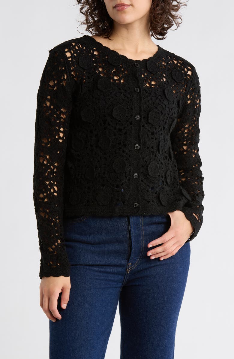 Forgotten Grace Open Stitch Button Cardigan, Main, color, Black