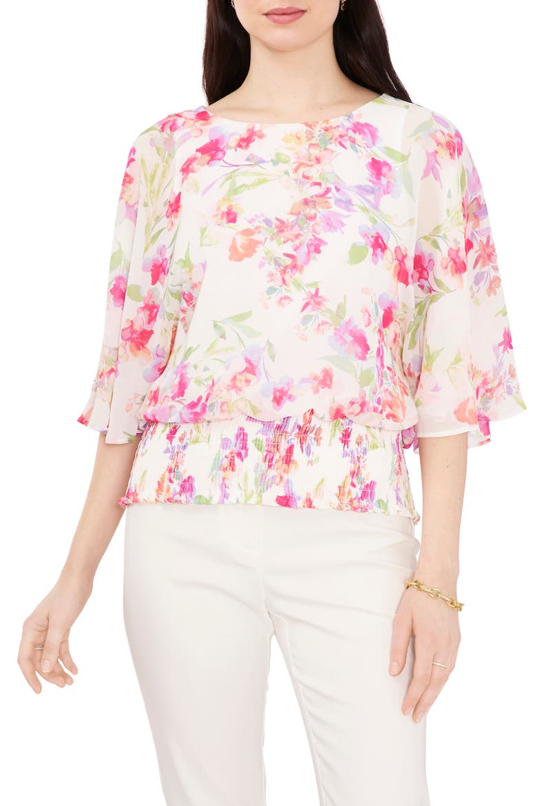 Smocked Dolman Top, Main, color, CREAM/CORAL/FUCHSIA