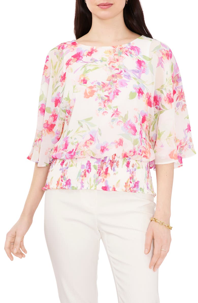 Chaus Smocked Dolman Top, Main, color, Cream/Coral/Fuchsia