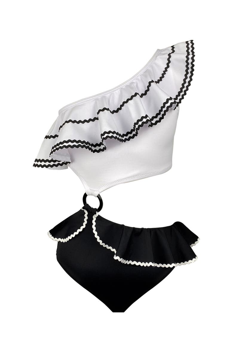One-Shoulder Cutout Ring-Detail One-Piece Swimsuit, Main, color, White-Black