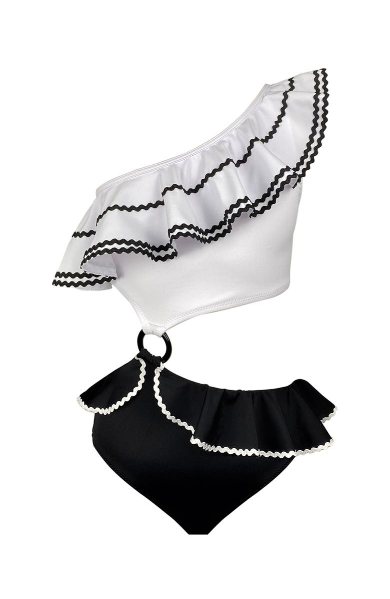 NESSI BYRD One-Shoulder Cutout Ring-Detail One-Piece Swimsuit, Main, color, White-Black