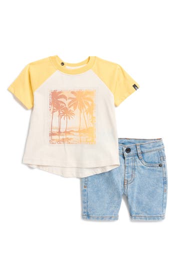 Shop Volcom Raglan Sleeve T-shirt & Shorts Set In Off White/blue