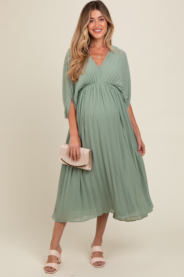 Pleated V Neck Maxi Dress, Main, color, Light Olive
