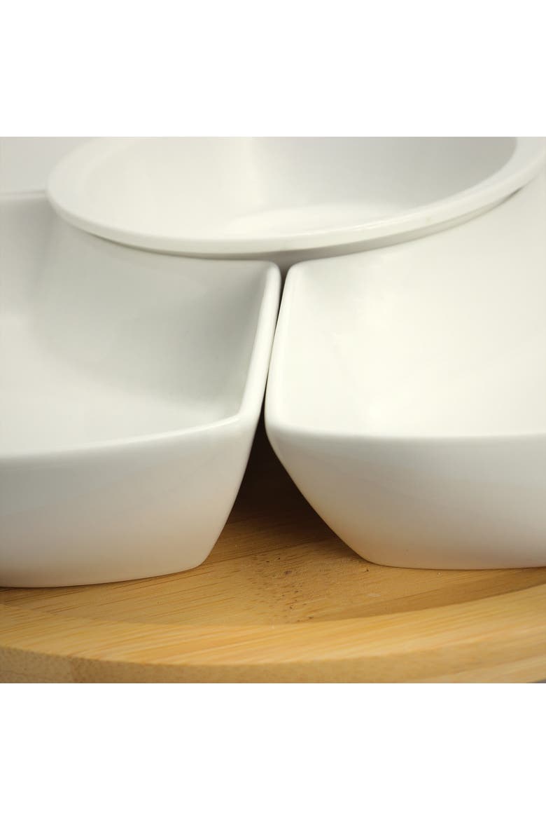 12 1/4 Inch 6-Piece Lazy Susan Appetizer and Condiment Server Set with 5 Serving Dishes and a Wood Lazy Suzan Serving Tray, Alternate, color, White