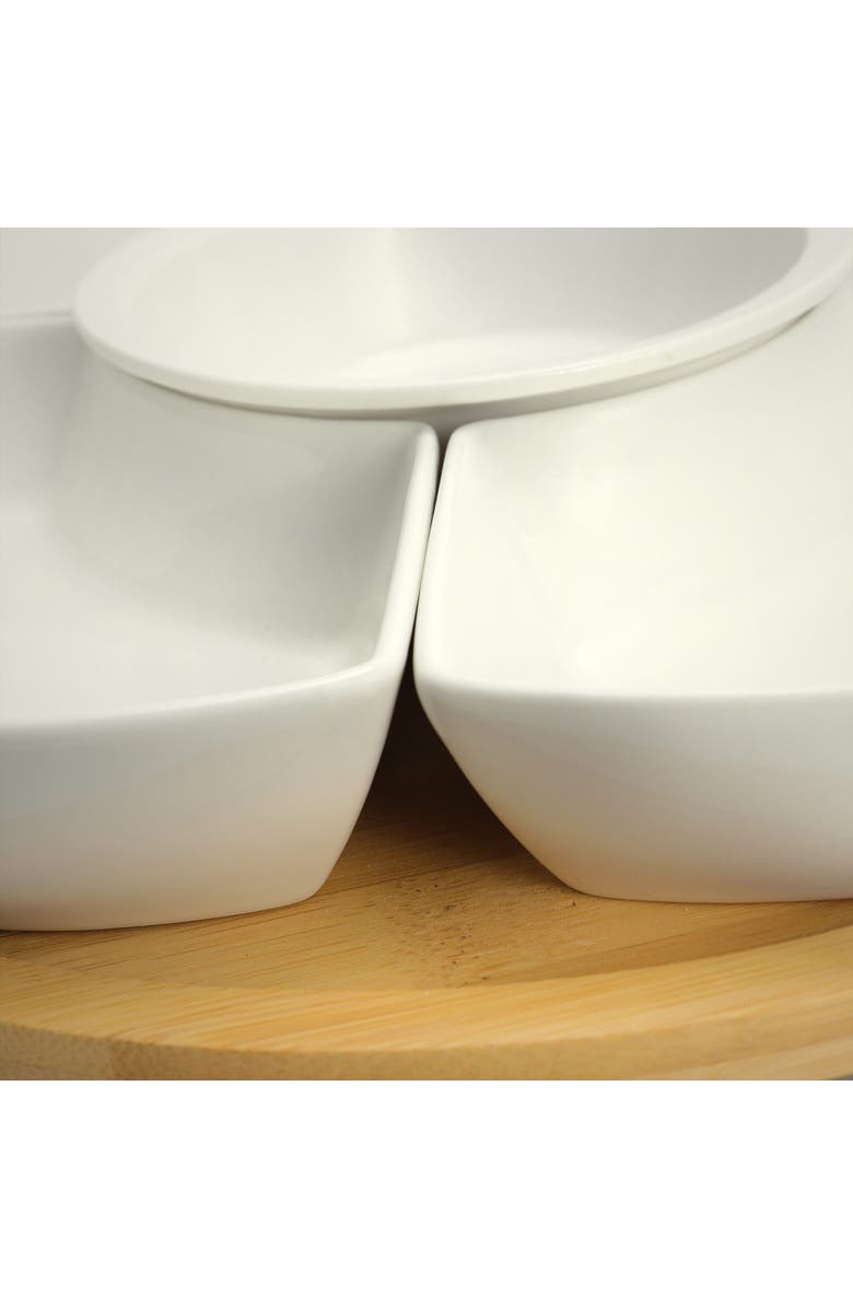 Elama Signature 12 1/4 Inch 6-Piece Lazy Susan Appetizer and Condiment Server Set with 5 Serving Dishes and a Wood Lazy Suzan Serving Tray, Alternate, color, White
