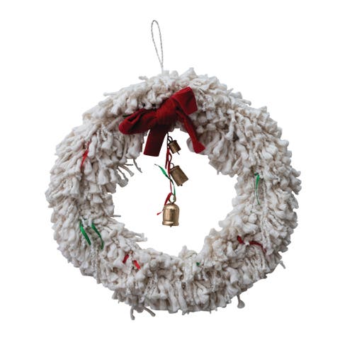 Handmade Cotton Blend Yarn Wreath with Red Bow, Red and Green Ribbons and Metal Bells, ivory