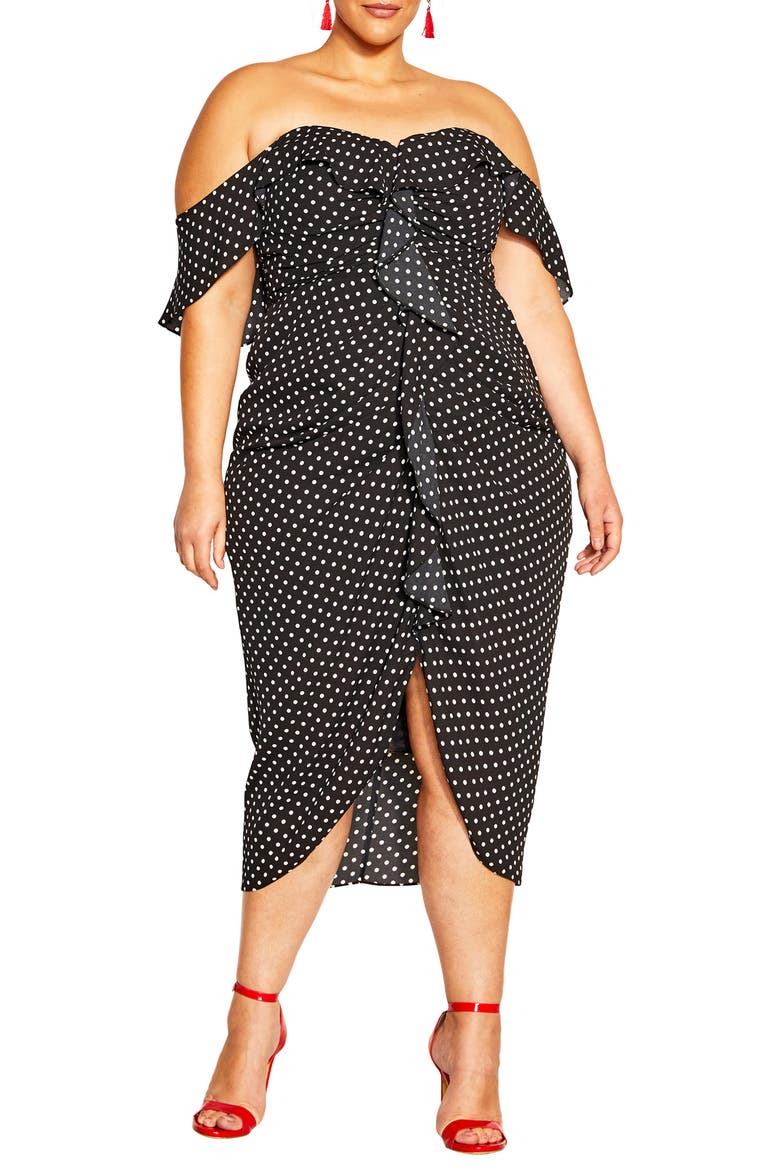 Gina Spot Off the Shoulder Midi Dress, Main, color, BLK POLKA DOT