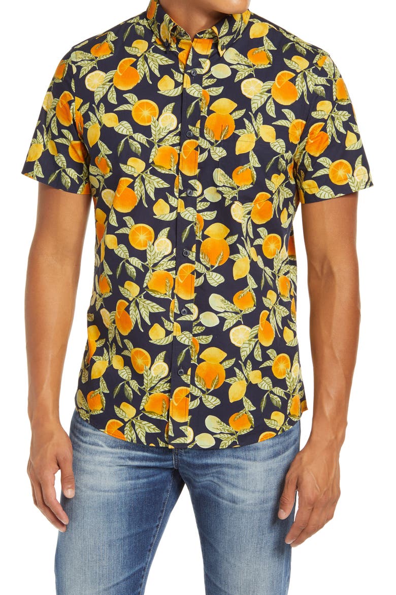 Slim Fit Citrus Print Short Sleeve Button-Down Shirt, Main, color, NAVY ORANGE CITRUS LEAVES