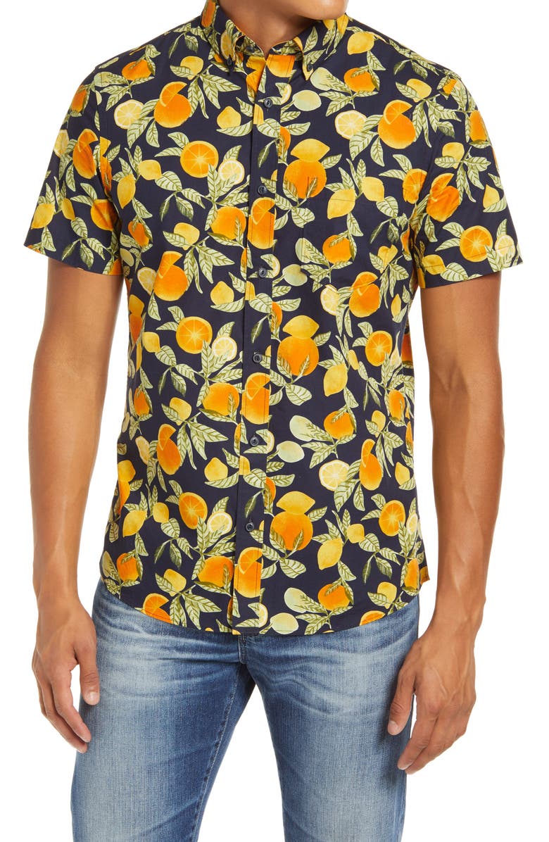 1901 Slim Fit Citrus Print Short Sleeve Button-Down Shirt, Main, color,