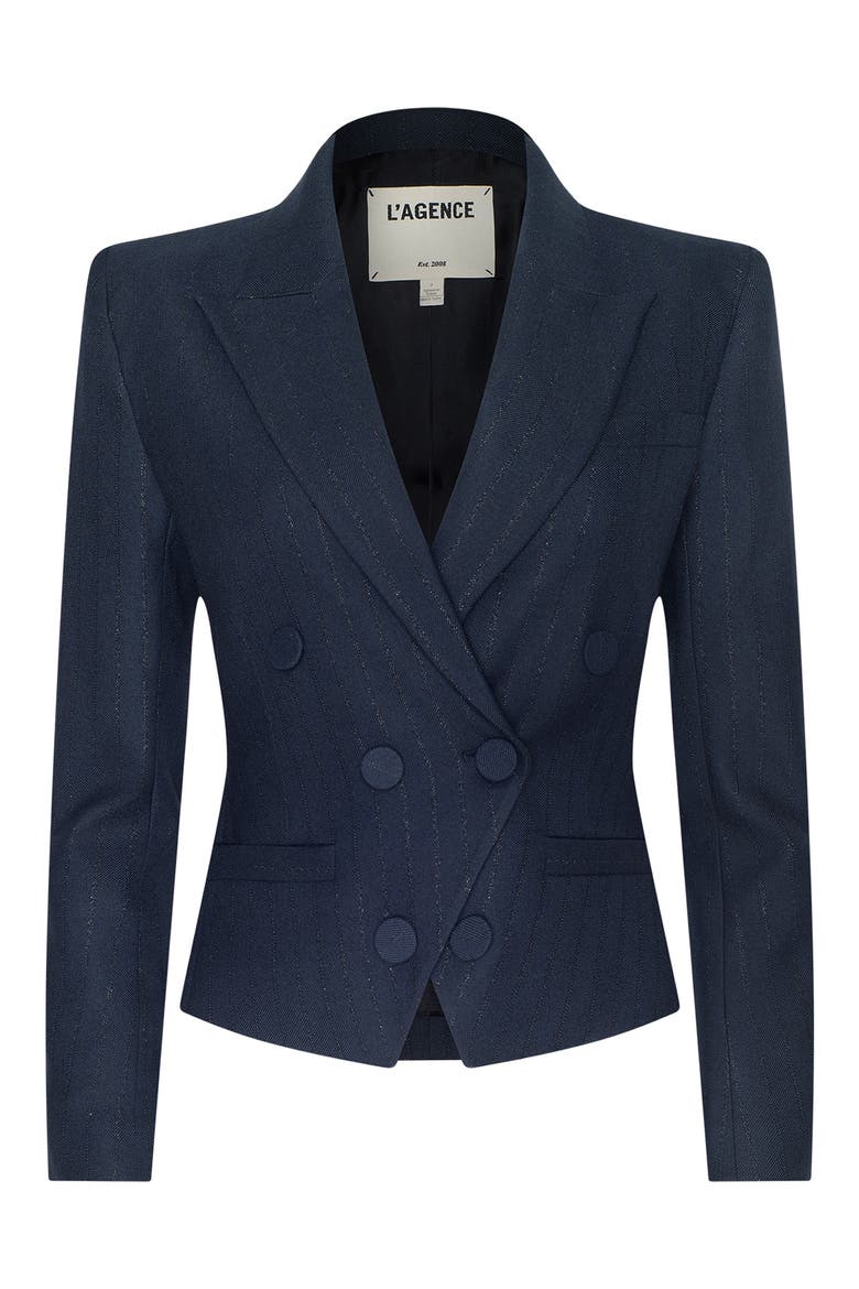 Risa Pinstripe Double Breasted Blazer, Alternate, color, MIDNIGHT LUREX PINSTRIPE
