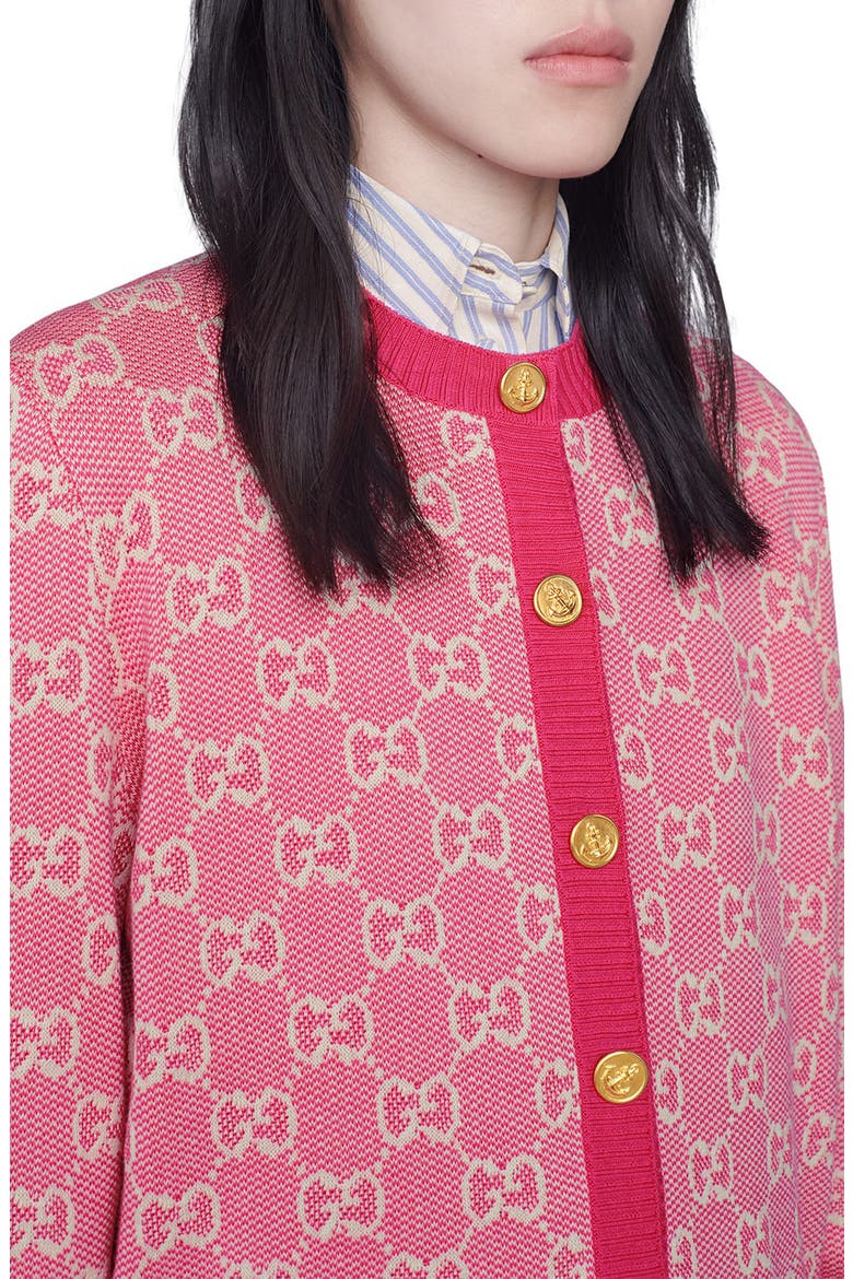 GG Logo Jacquard Wool Blend Cardigan, Alternate, color, FUCHSIA/ WHITE