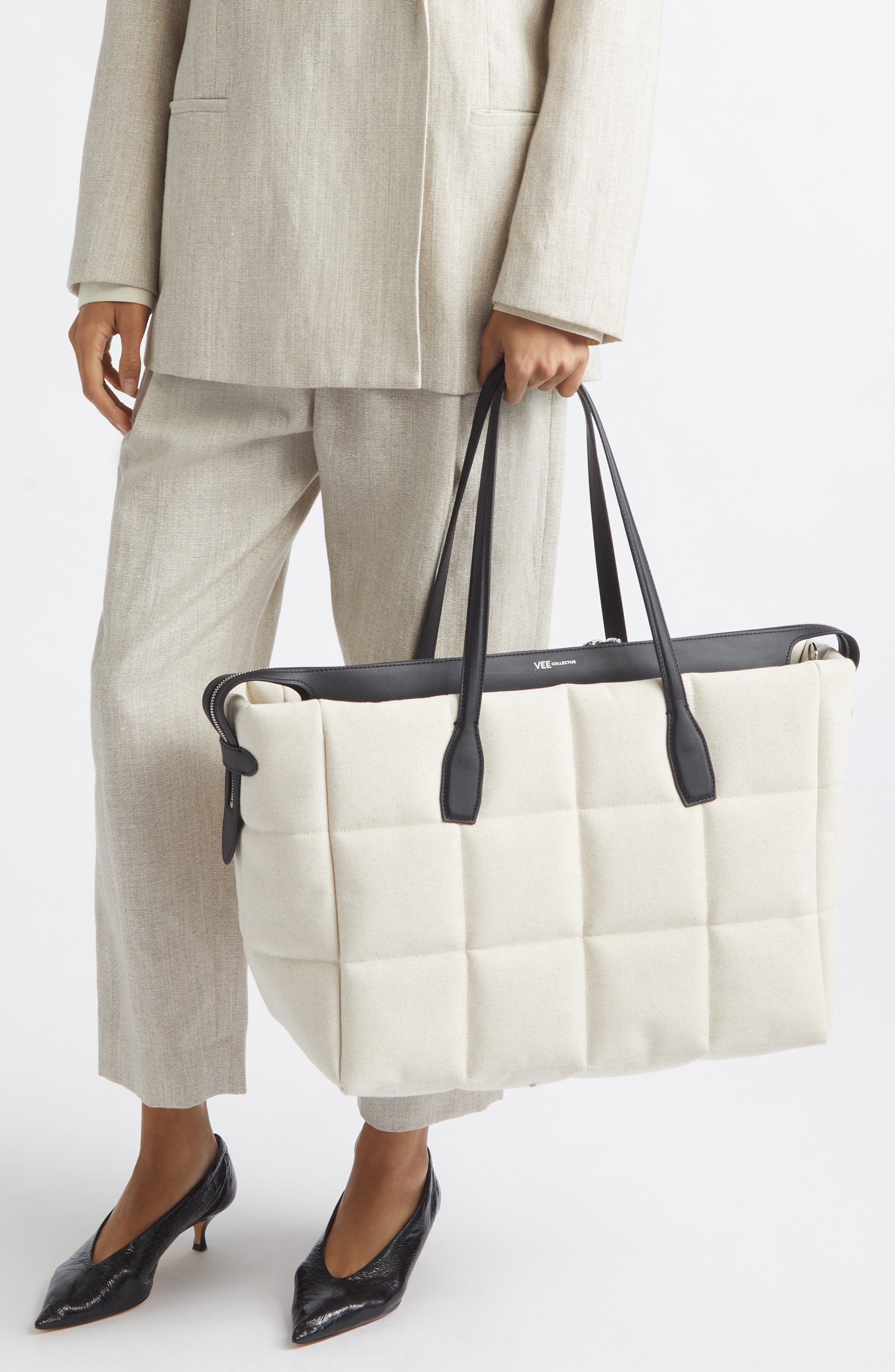 VeeCollective Large Tela Quilted Tote, Alternate, color, Natural Canvas / Black Bbk