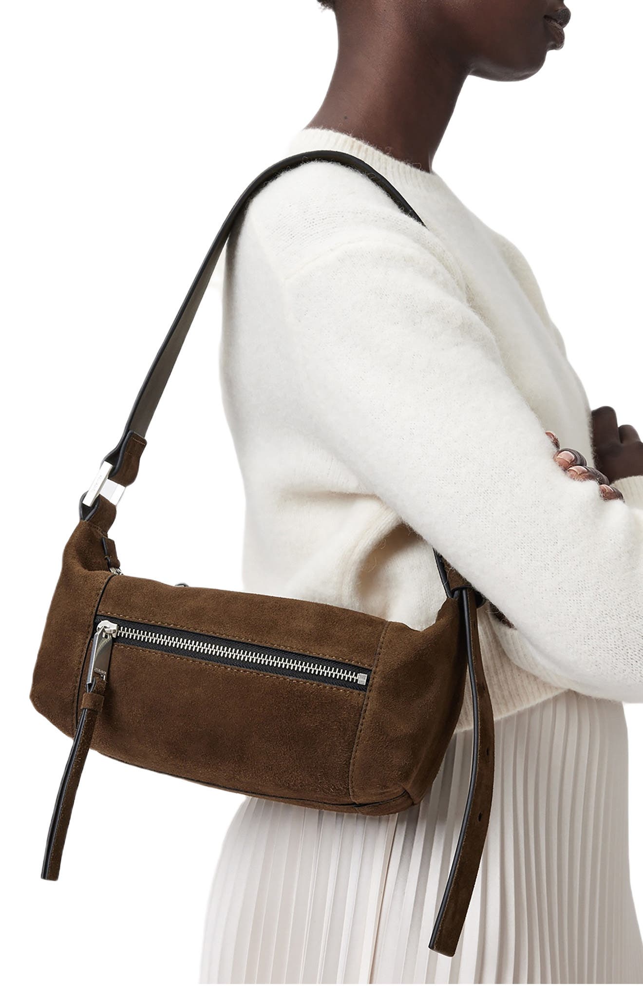 AllSaints Vega Suede Shoulder Bag, Alternate, color, Fango Brown