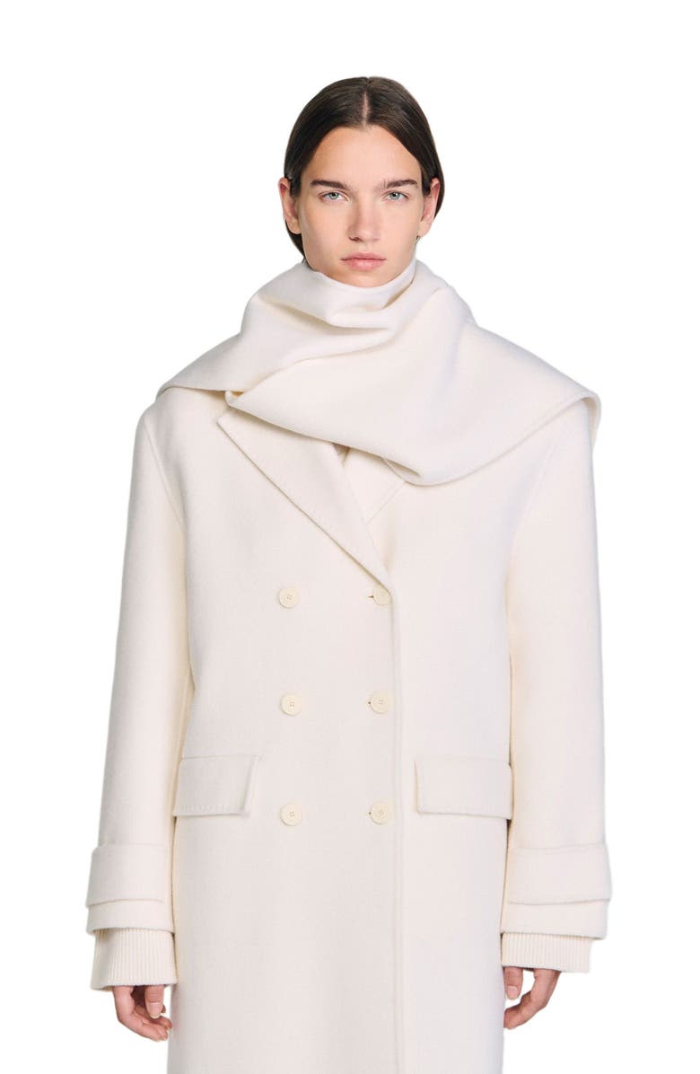 SANDRO Oversized Wool Coat with removable scarf, Alternate, color, Ecru