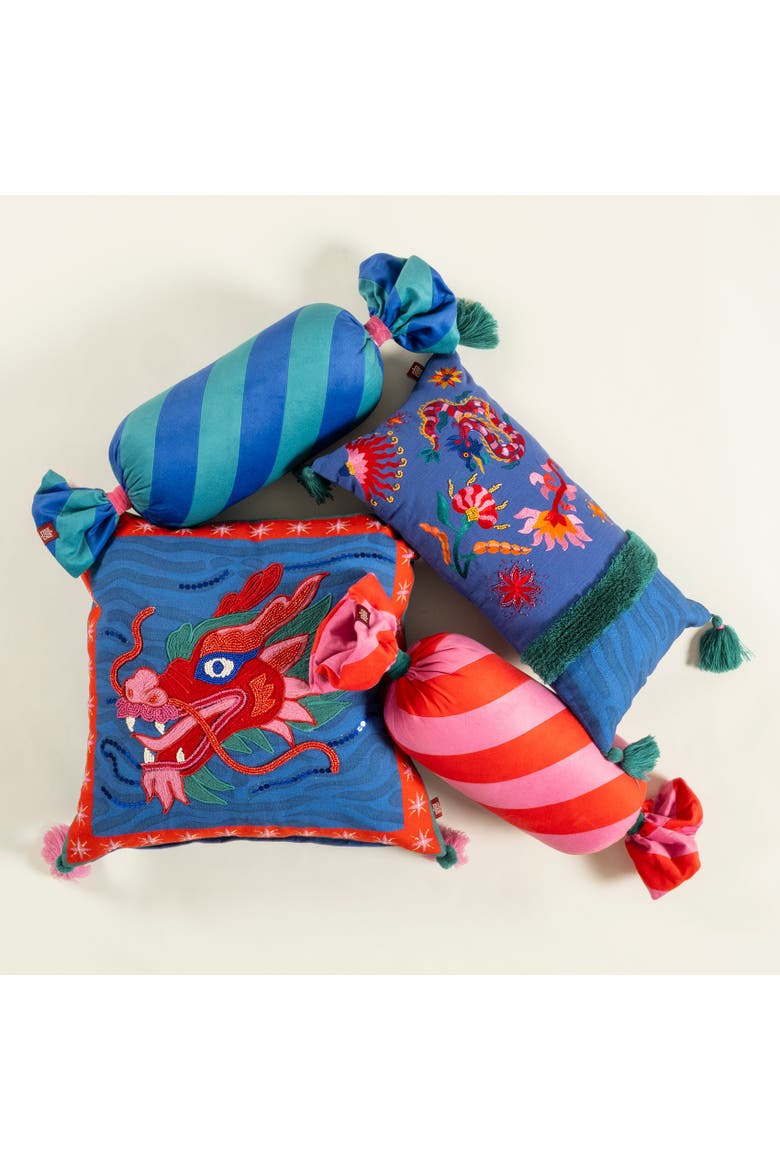 Ghuni Tasseled Embroidered 100% Cotton Home Accent Dragon, Alternate, color, Blue