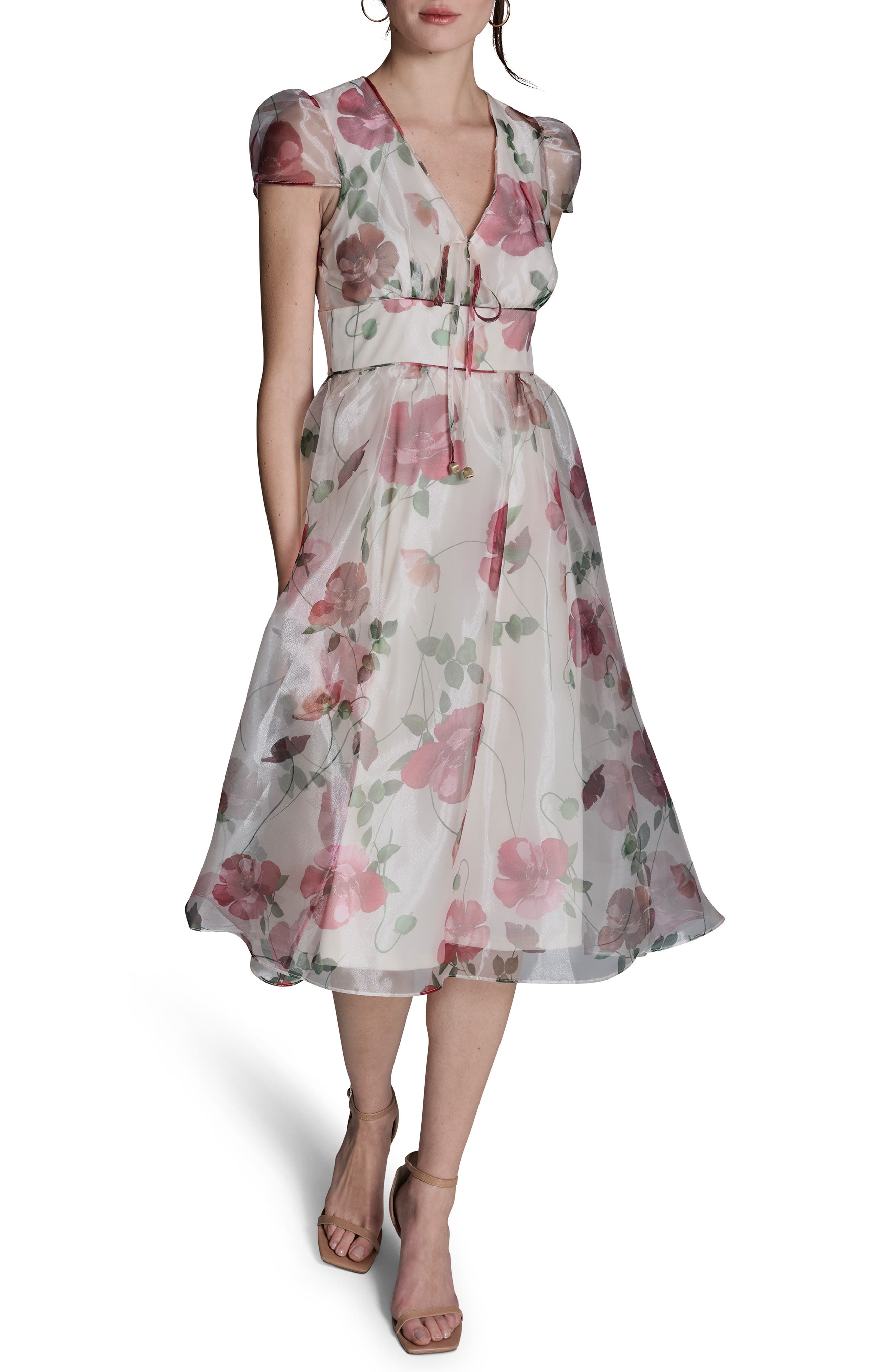 BCBG Floral Cap Sleeve Organza Fit & Flare Midi Dress