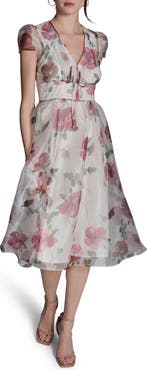 BCBG Floral Cap Sleeve Organza Fit & Flare Midi Dress
