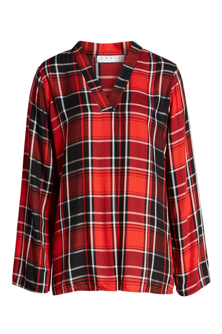Plaid Split Neck Blouse, Alternate, color, IMPERIAL RED