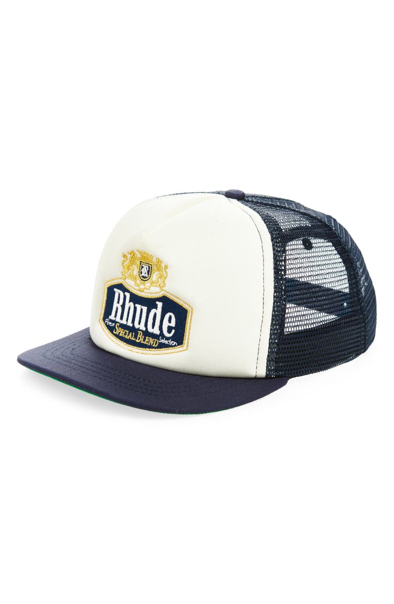 Rhude Logo Embroidered Trucker Hat, Main, color, Navy / Off-White 3039