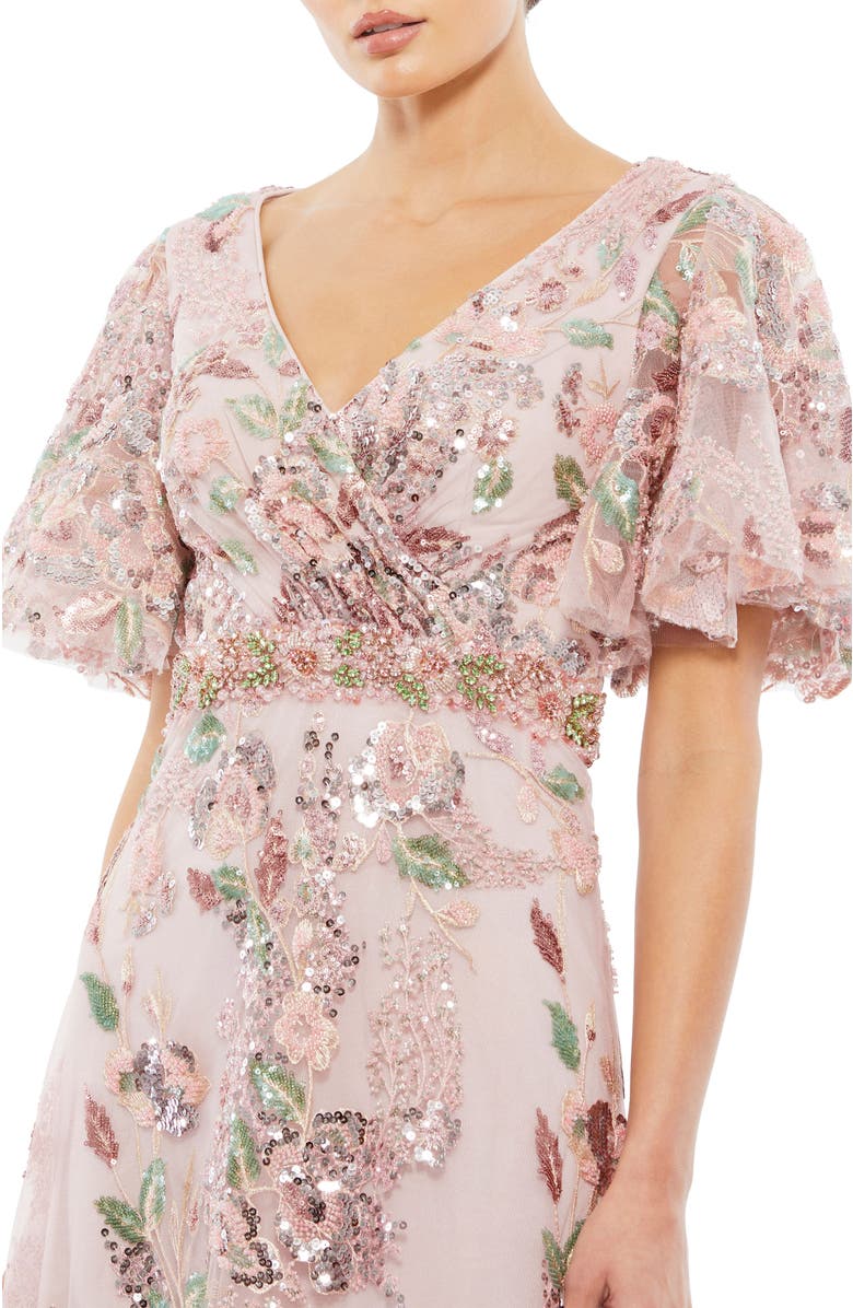 Mac Duggal Floral Embellished Short Sleeve Faux Wrap Gown, Alternate, color, Rose Pink