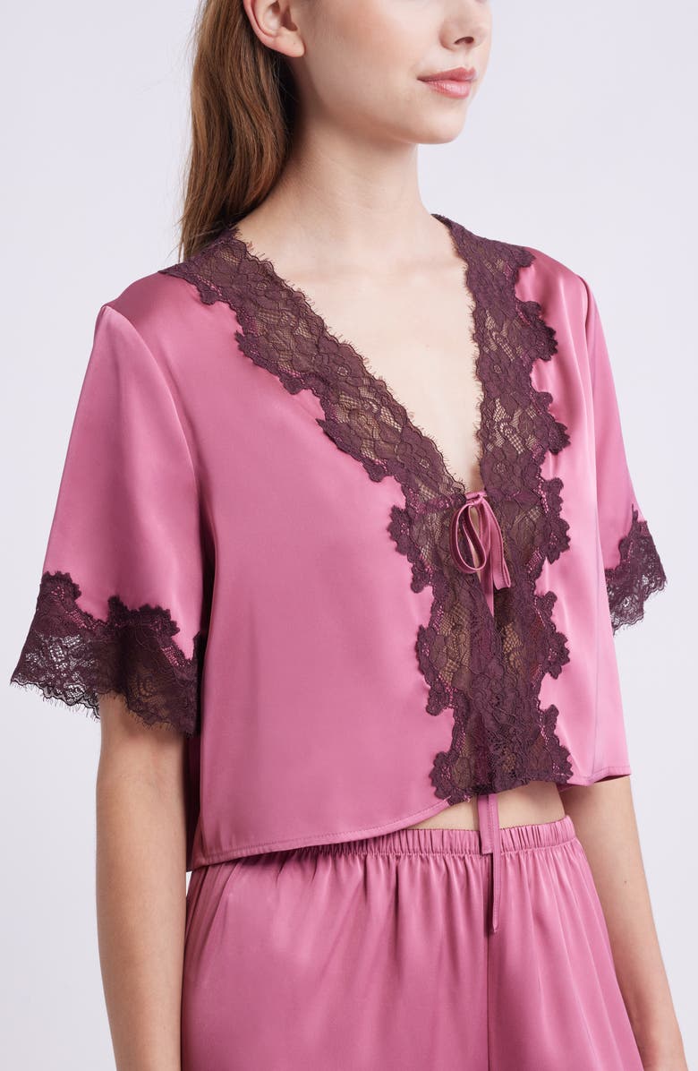 Open Edit Lace Trim Stretch Satin Crop Pajamas, Alternate, color, Pink Heather