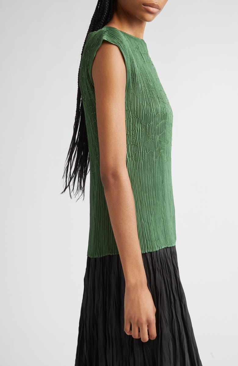 Lafayette 148 New York Embroidered Plissé Satin Top, Alternate, color, Moss