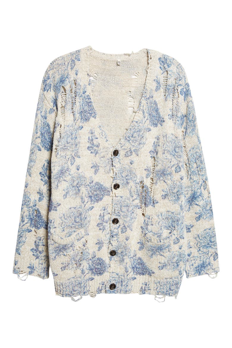 Distressed Oversize Floral Linen Blend Cardigan, Alternate, color, BLUE FLORAL