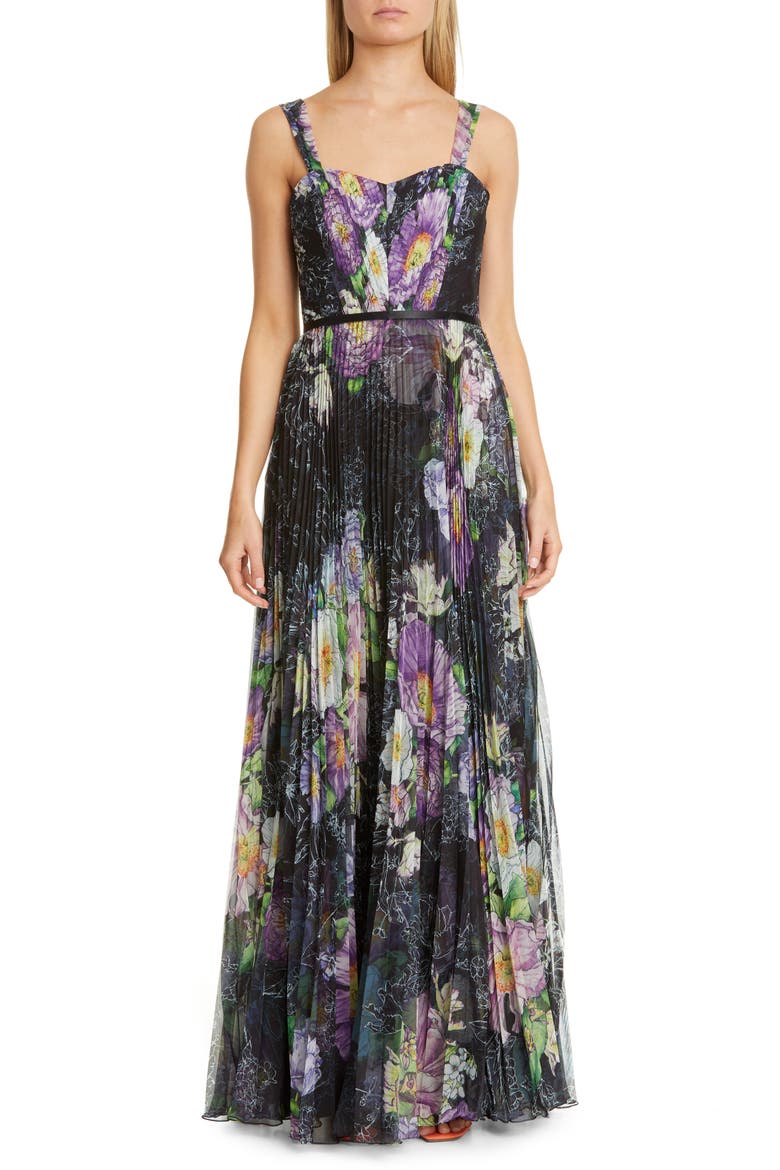 Floral Pleated Tulle Gown, Main, color, BLACK