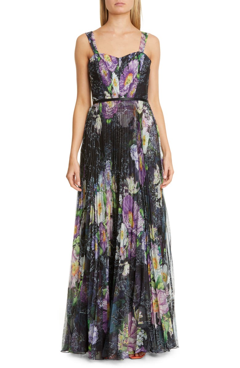 Marchesa Notte Floral Pleated Tulle Gown, Main, color, 