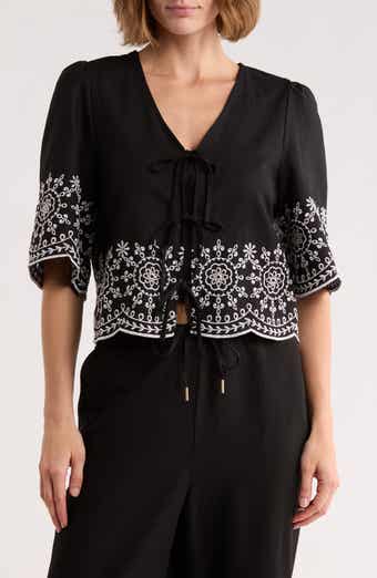 Ellen Tracy Eyelet Embroidered Tie Top