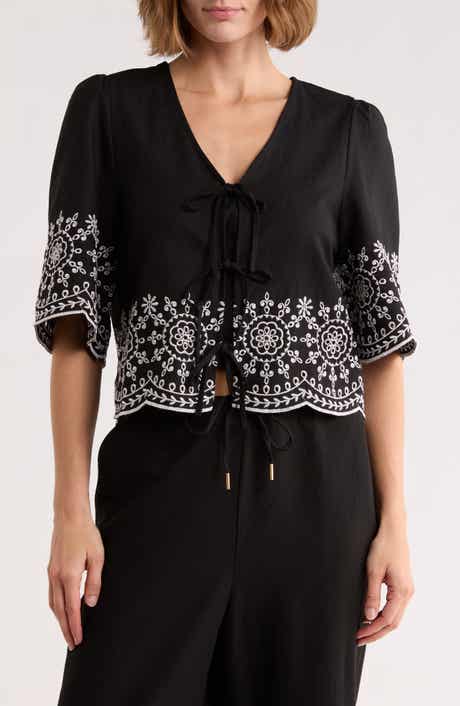 Ellen Tracy Eyelet Embroidered Tie Top