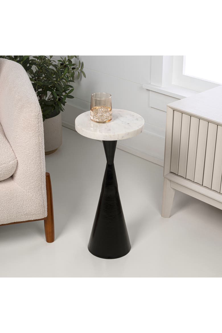 Ziggy Contemporary Round Marble Top Drink Table with Aluminum Hourglass Pedestal Base Accent Side Table, Alternate, color, Antique Black
