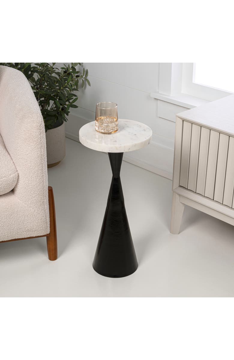 JONATHAN Y Ziggy 22" Contemporary Designer Metal Drink Table and Decorative End Table with White Marble Round Top and Cone Pedestal Base, Alternate, color, Antique Black