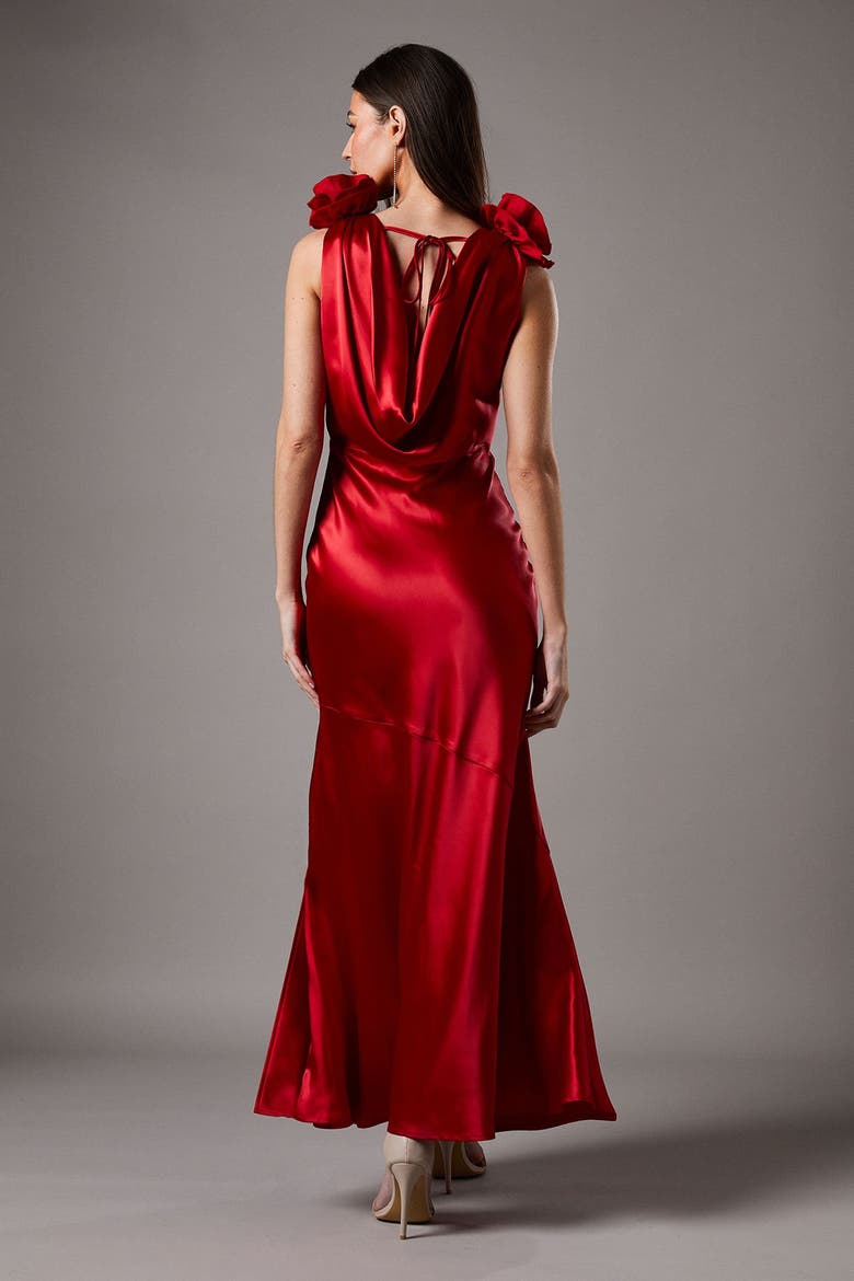 Corsage Satin V-Neck Maxi Dress, Alternate, color, Red