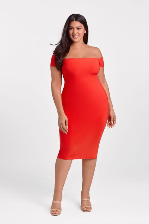 Sculpting Shapewear Straight Neck Off The Shoulder Midi Dress