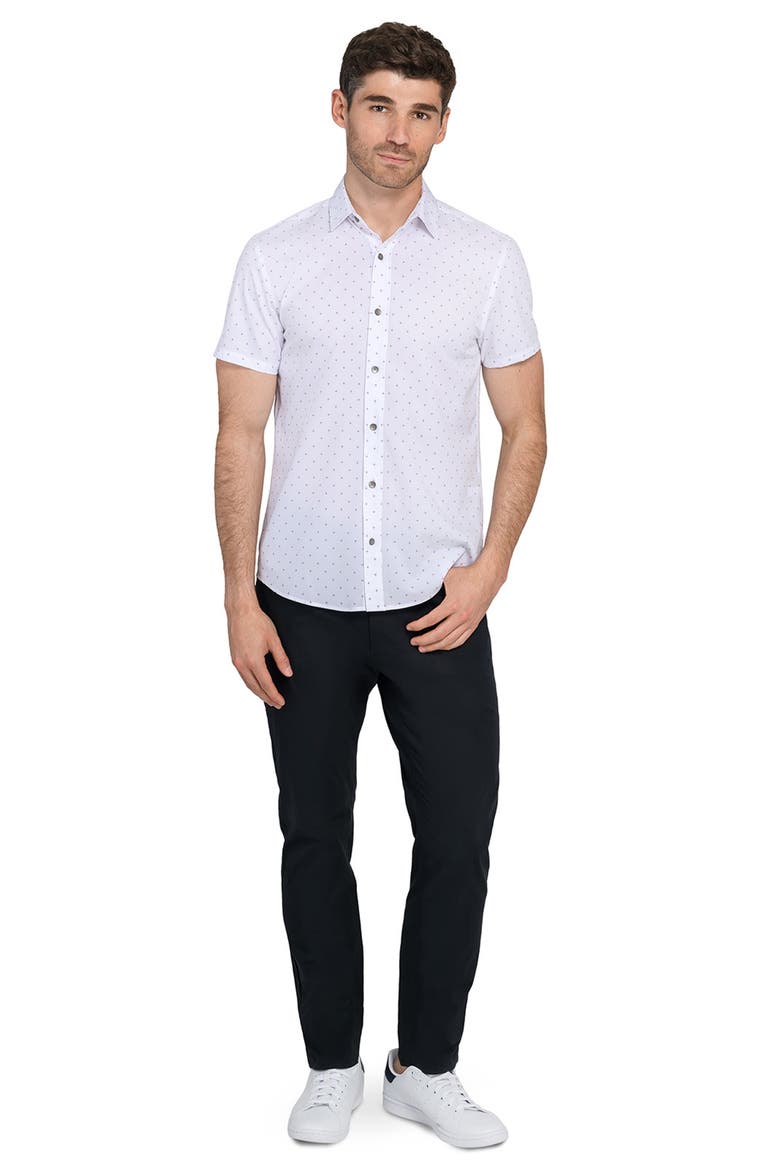 Trim Fit Abstract Star Print Short Sleeve Performance Button-Up Shirt, Alternate, color, WHITE/ BLACK