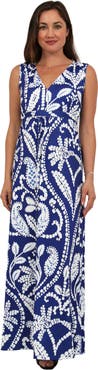 24seven Comfort Apparel Womens Essential Abstract Print V-Neck Sleeveless Tie Back Empire Waist Maxi Dress