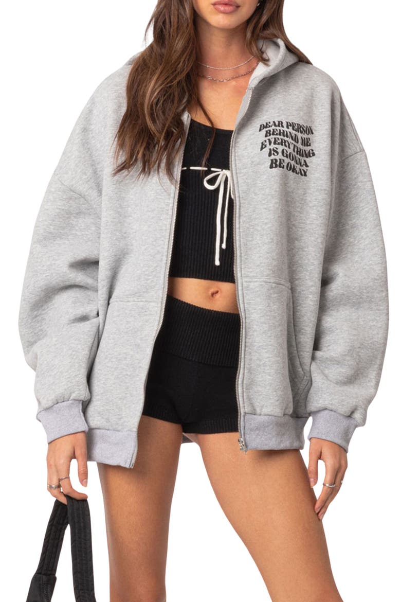 Everything's Okay Oversize Graphic Zip Hoodie, Main, color, GRAY MELANGE