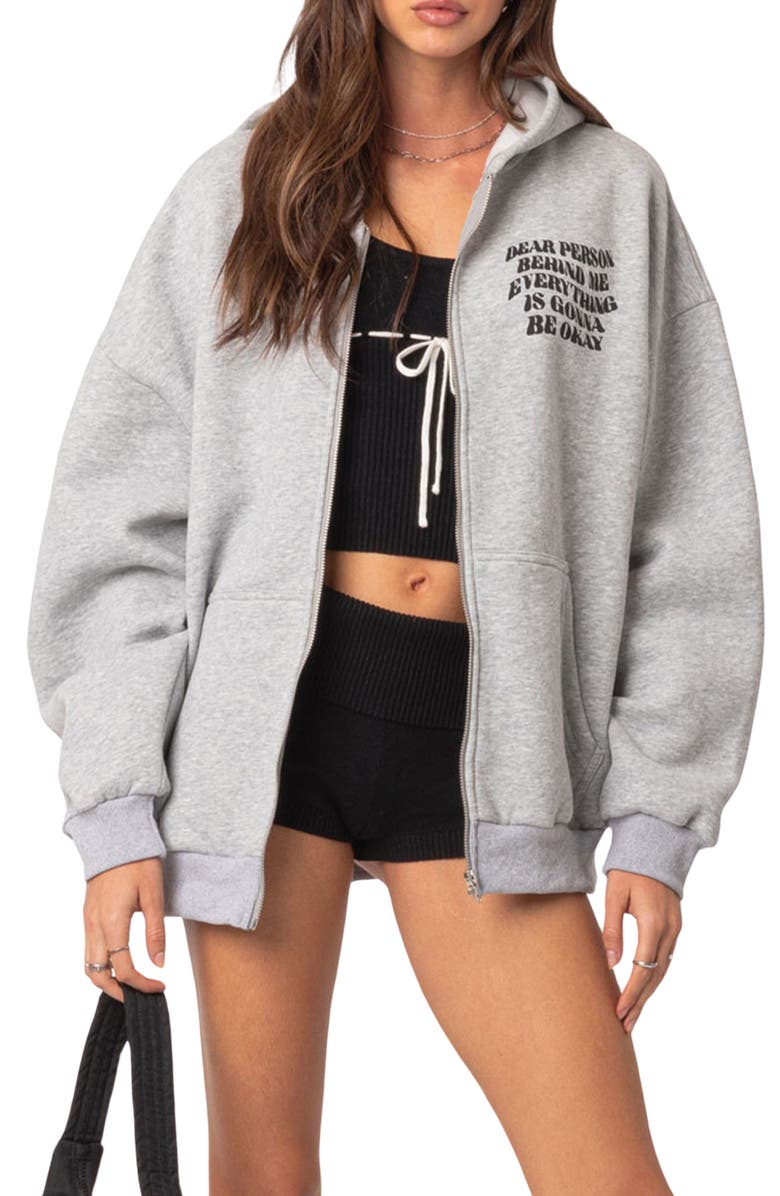 EDIKTED Everything's Okay Oversize Graphic Zip Hoodie, Main, color, Gray Melange