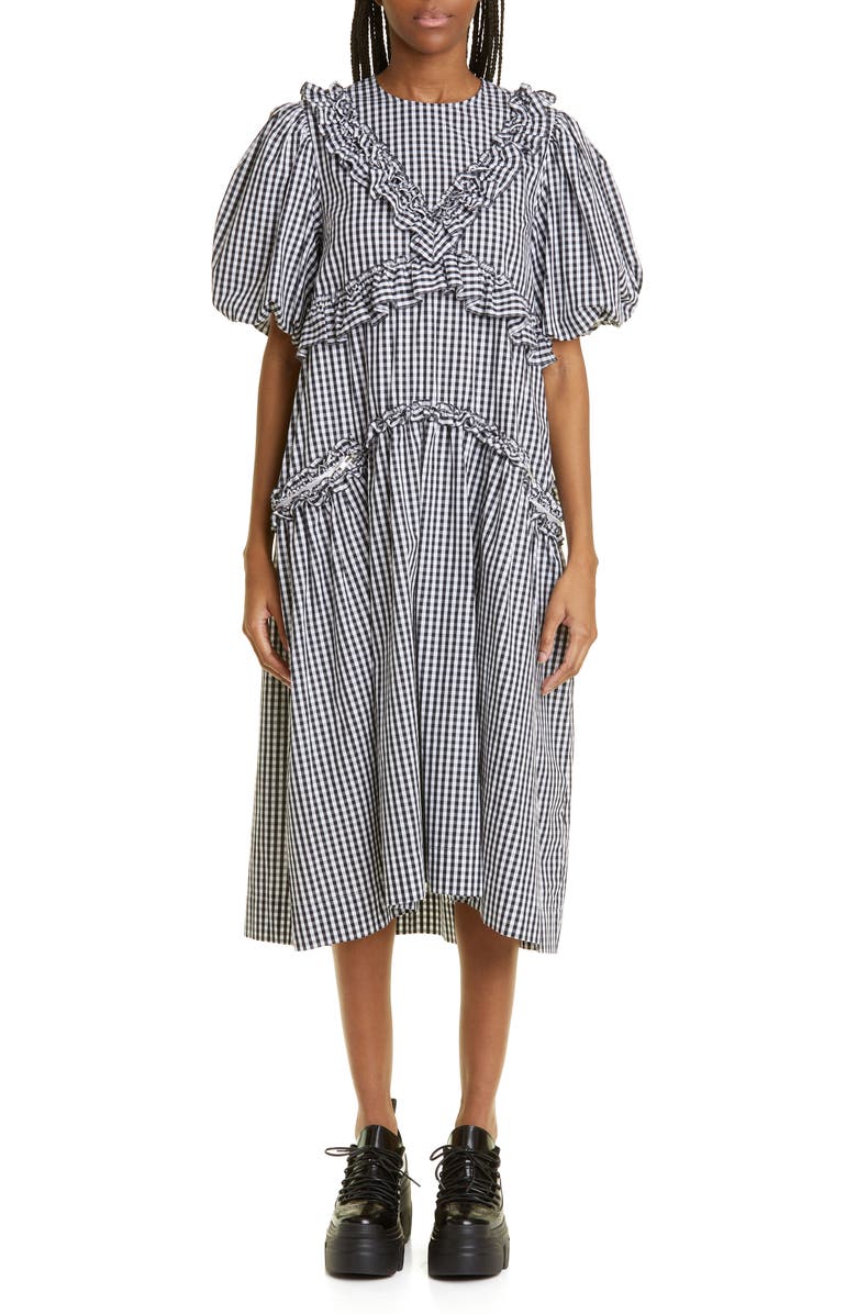 Simone Rocha Puff Sleeve Ruffle Trim Gingham Check Midi Dress, Main, color, 