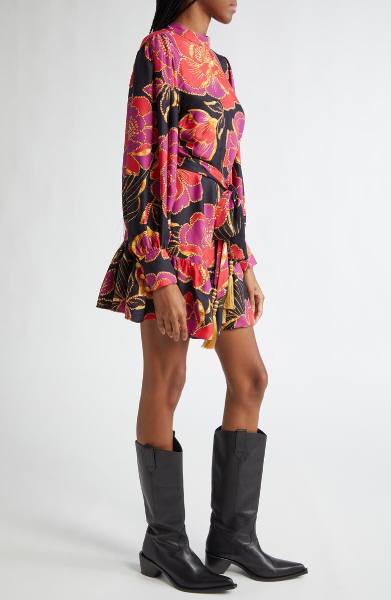 FARM Rio Shiny Chita Floral Print Long Sleeve Minidress, Alternate, color, Shiny Chita Black