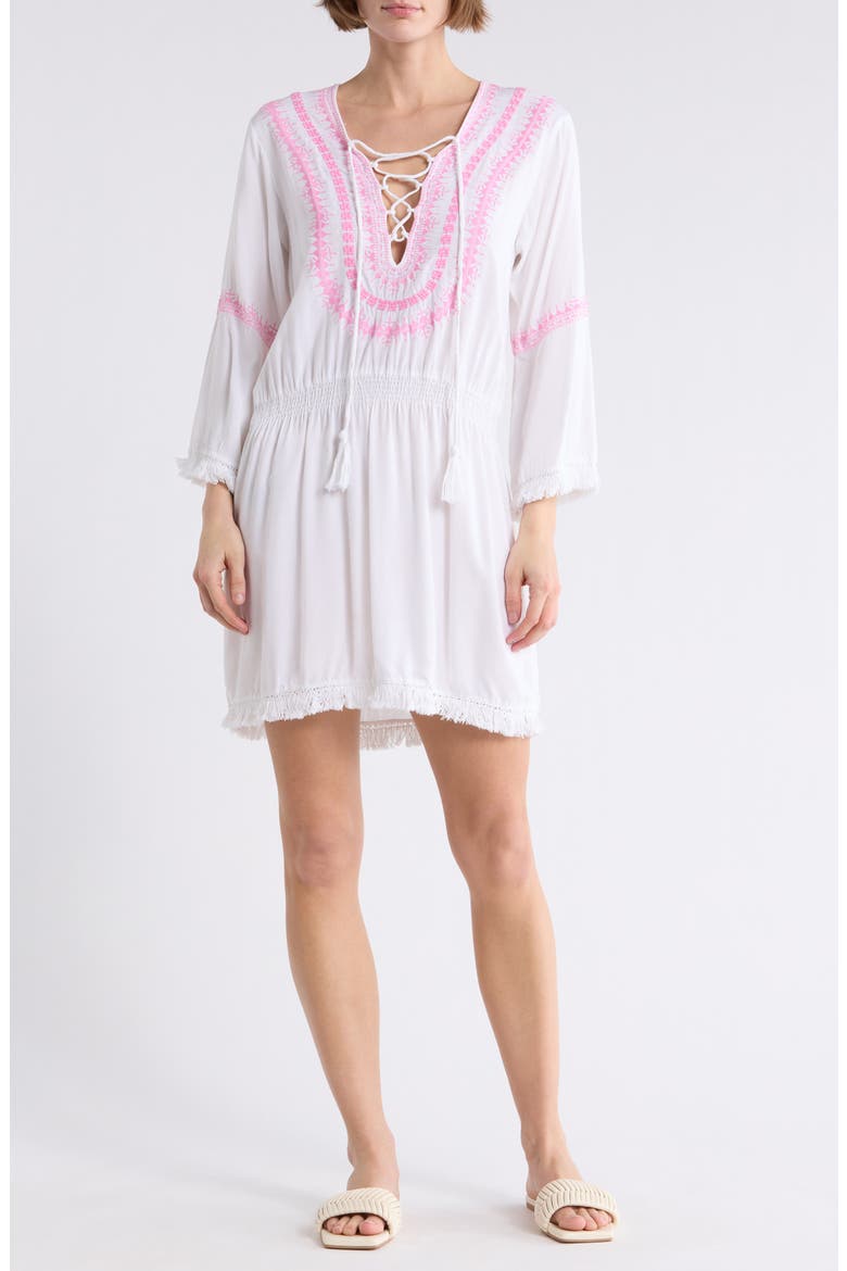 Embroidered Cover-Up Dress, Main, color, WHITE/PINK