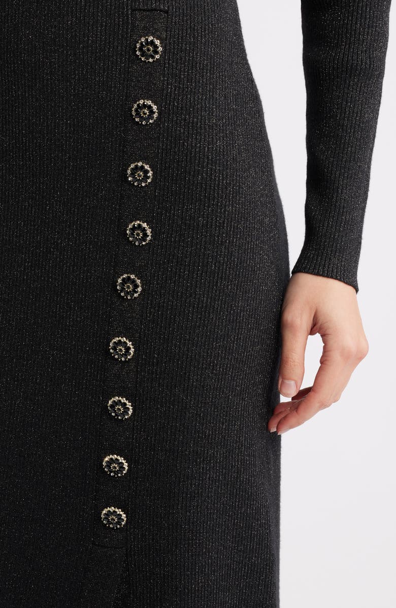 Elie Tahari The Chaya Metallic Button Detail Long Sleeve Sweater Dress, Alternate, color, Noir Black/ Gold Lurex