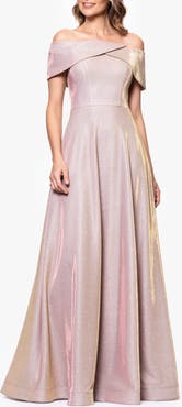 Betsy & Adam Metallic Off the Shoulder Ballgown