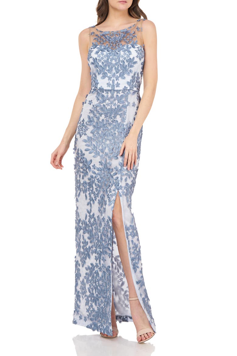 Leaf Embroidered Gown, Main, color, MINERAL BLUE